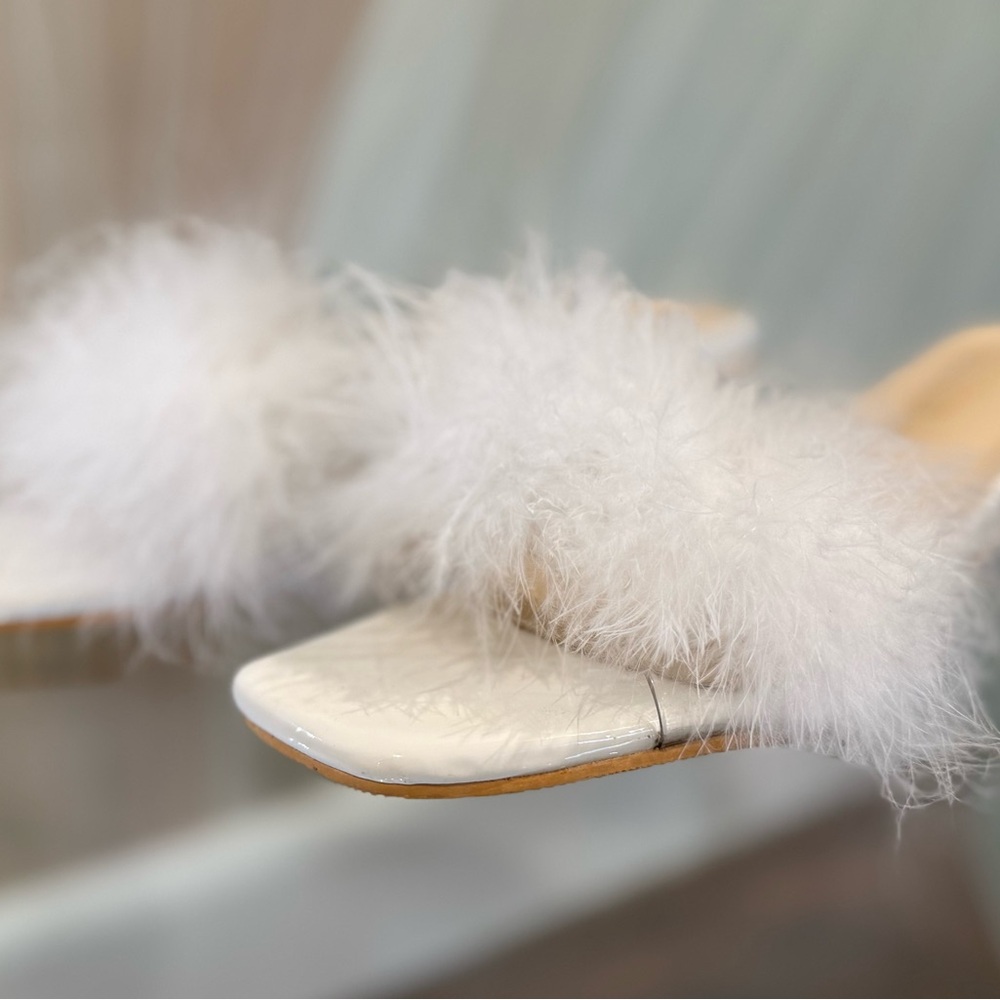 White Feather-Trim Slip-On Mules